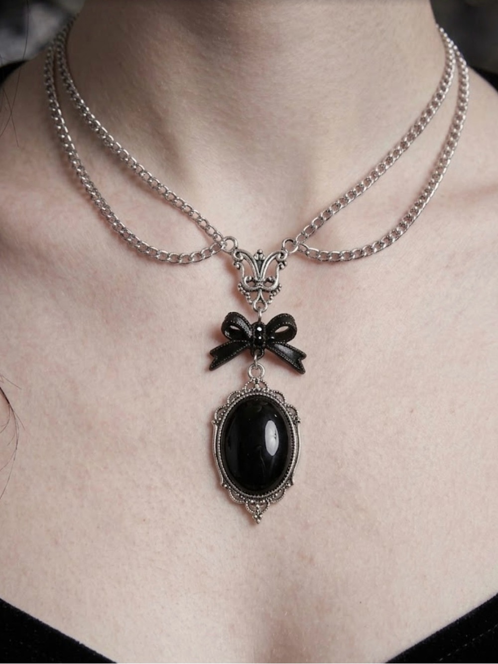 Hand Crafted Black Bow Pendant Vintage-Style Necklace